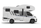 Carado motorhome with overcab bed, side view with entry door, windows and storage hatch