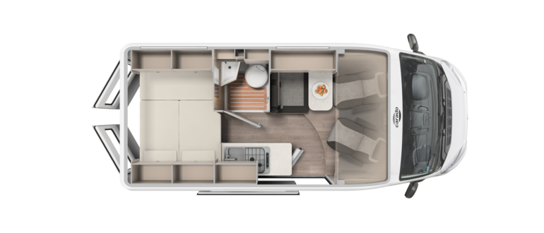 Carado motorhome floor plan with rear bed, bathroom, kitchen unit and dinette in top view