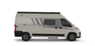 Carado camper van in side view, white panel van with awning and side window