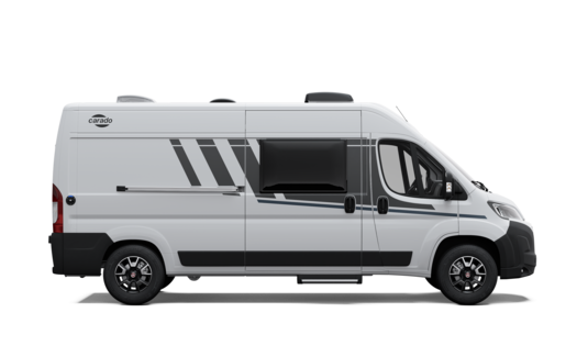 White Carado camper van, side view with sliding door, side window and graphic decals