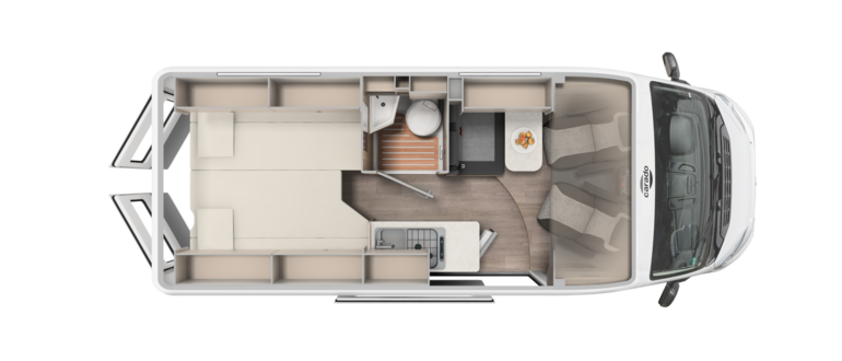 Vue de dessus du plan d'aménagement du camping-car Carado avec lit arrière, salon, cuisine et salle de bains