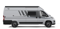 White Carado camper van, side view with sliding door, side window and awning on a black background