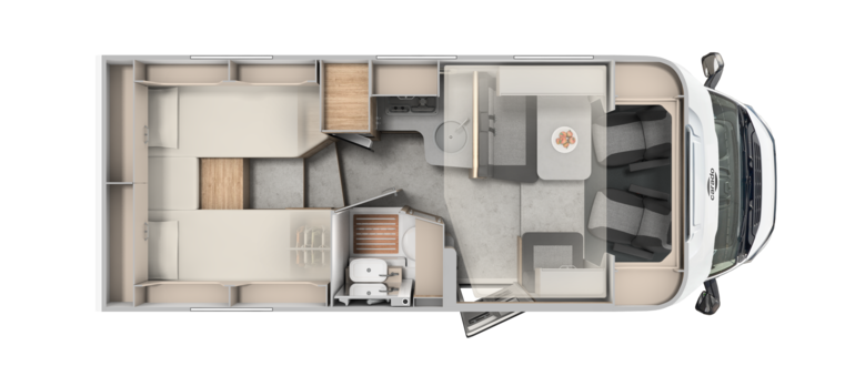 Carado motorhome floor plan with single beds, dinette, kitchen and bathroom, top view
