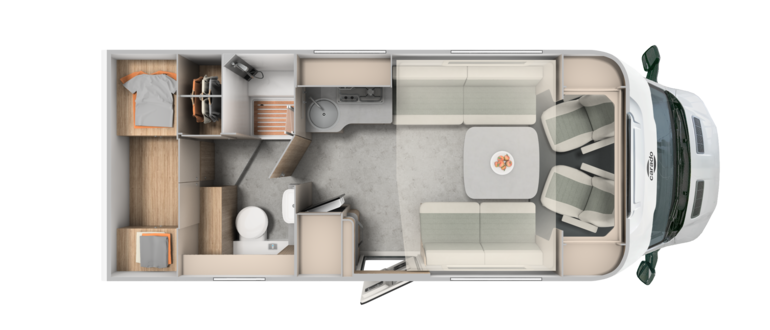 Distribución Carado de autocaravana con cama trasera, baño, cocina y zona de estar