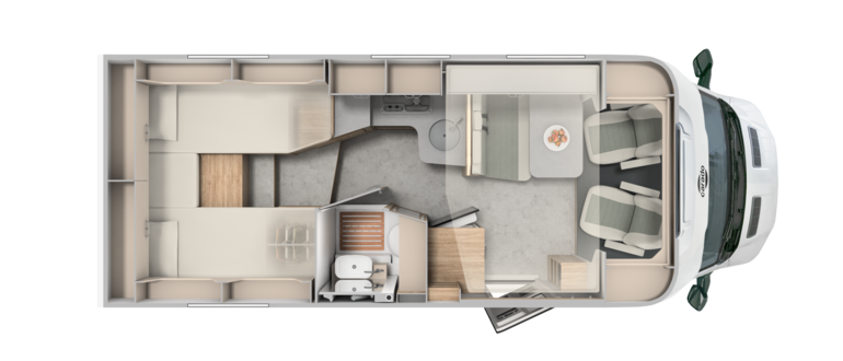 Carado motorhome layout with rear bed, seating area, kitchen and bathroom, viewed from above