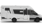 Carado motorhome in side view: a white semi-integrated motorhome with entrance door and windows