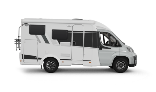 Carado camper, zijaanzicht van een wit halfintegraal model losstaand op een transparante achtergrond