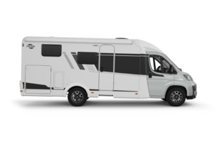 Carado motorhome, left-side view with entrance door, windows and awning, isolated