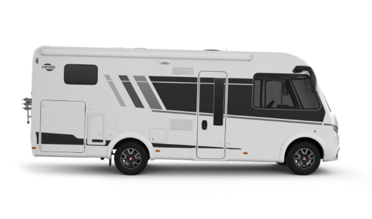 Carado Wohnmobil, Seitenansicht eines weißen integrierten Reisemobils auf freigestelltem Hintergrund