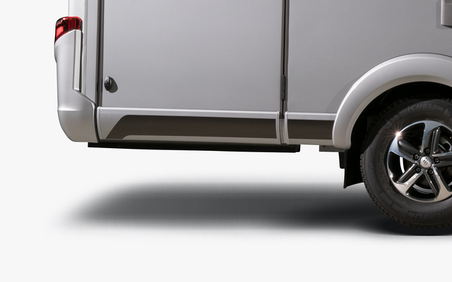 HYMER motorhome side rear view with rear light, garage and rear wheel