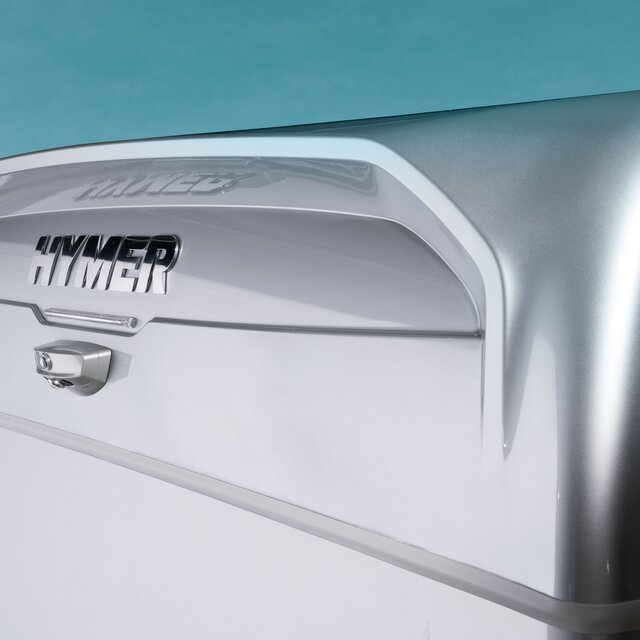 Rear view camera and HYMER lettering in chrome, attached at the top of the rear of the Exsis-t motorhome